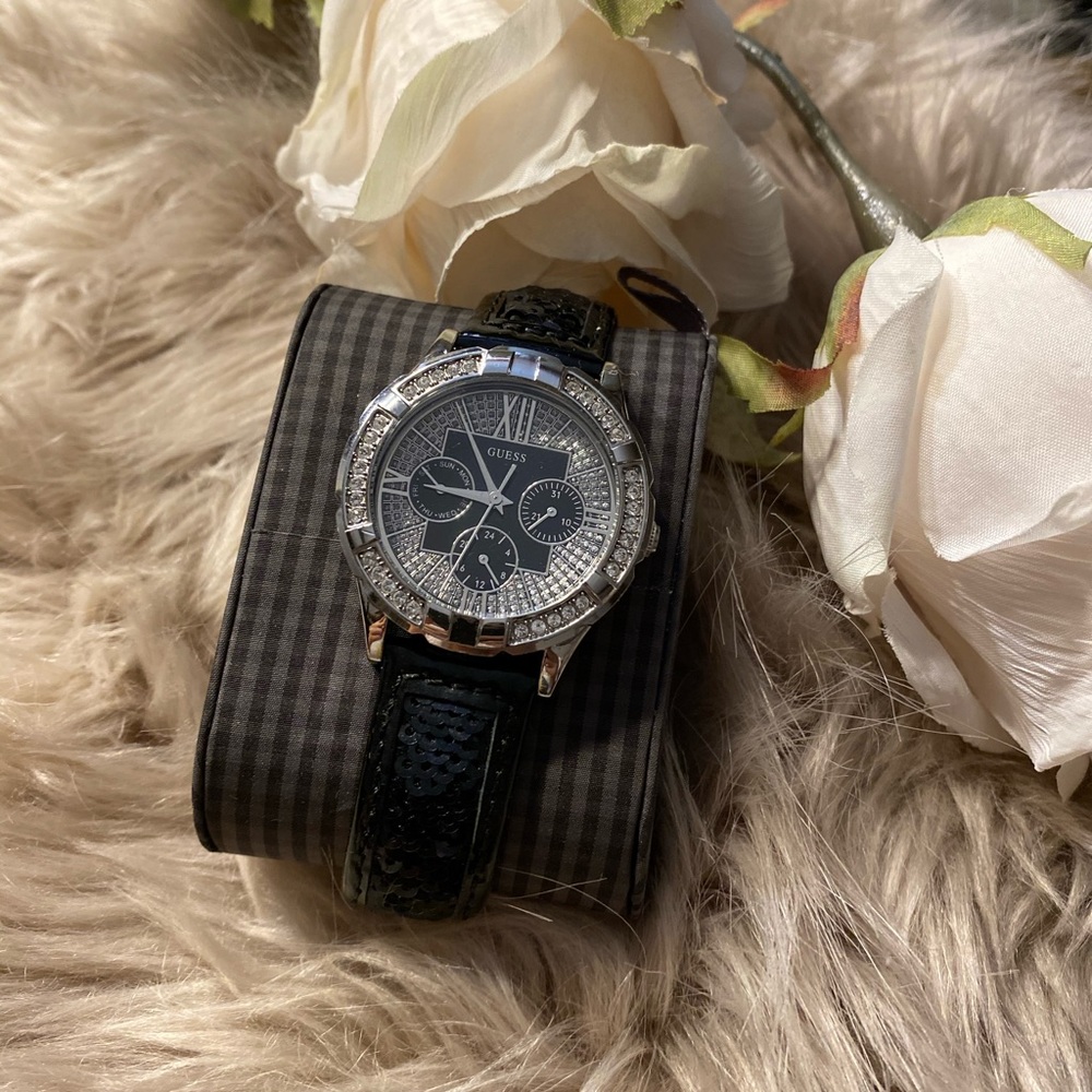 Guess Black Leather & Sequin Embellished Watch 🤍